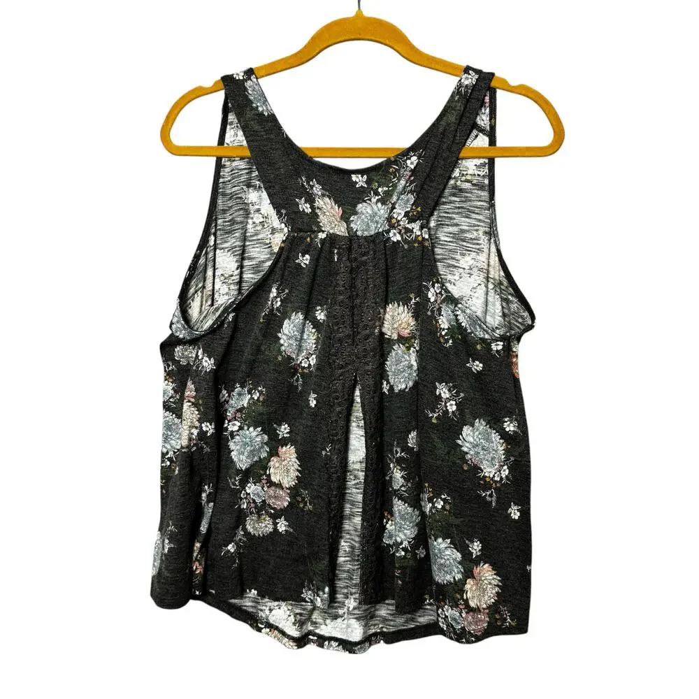 TORRID Gray Floral Sleeveless Lace Inset Split Back‎ Tank Women Size 1 (1x) - Picture 2 of 10
